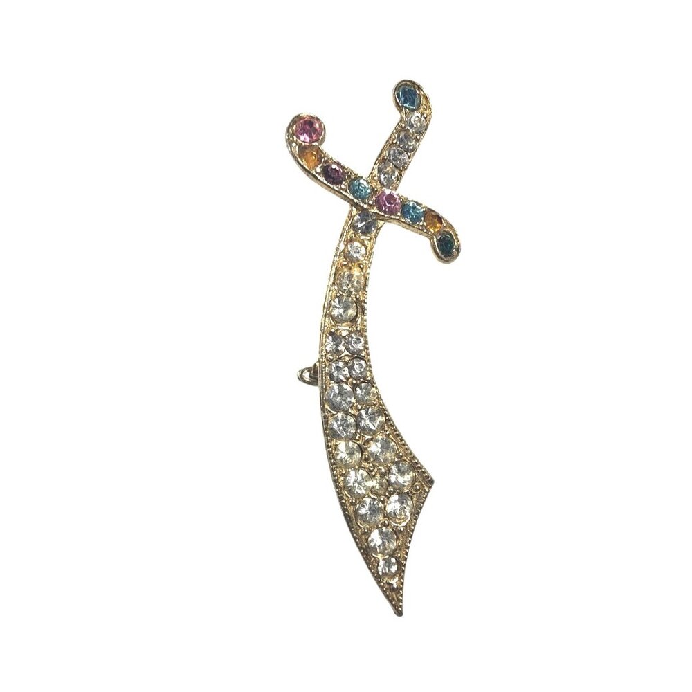 Sword scimitar Brooch Pin Gold-Tone Multicolor Rhinestones statement jewelry
